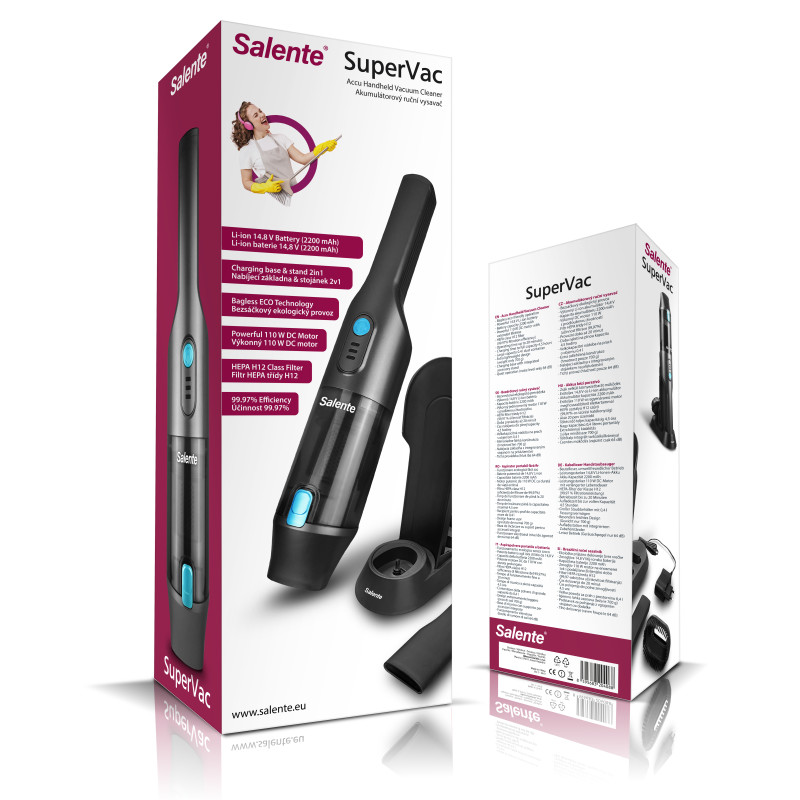 Salente SuperVac, ručný vysávač, HEPA H7, 2200 mAh, 110 W, antracitový