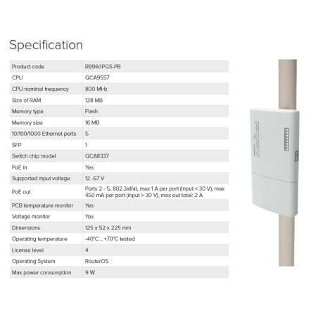 MIKROTIK RB960PGS-PB, 5xGB LAN, 1xSFP, 800MHz, 128RAM