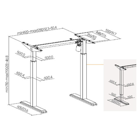 Výškovo nastaviteľná stolová podnož Brateck S03-22DE 1 motor rozsah 710-1190 mm nosnosť 80 kg