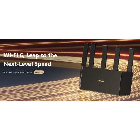 Tenda TX2L Pro AX1500 WiFi 6 Mesh Router, 1x GWAN, 3x GLAN, IPv6, 5x 6dBi anténa, WPA3, CZ App