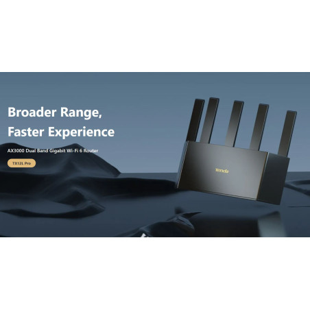 Tenda TX12L Pro AX3000 WiFi 6 Mesh Router, 1x GWAN, 3x GLAN, IPv6, 5x 6dBi, WPA 3, CZ app