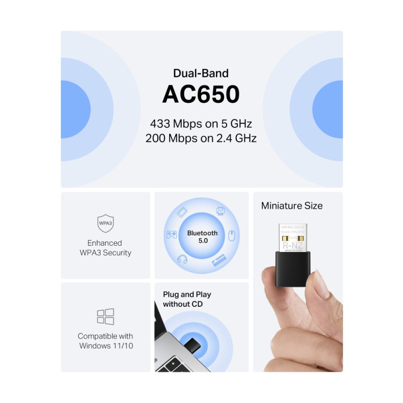 Mercusys MA20NB AC650 Nano WiFi BT USB adaptér