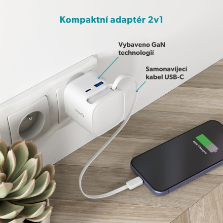 Epico UltraBoost Retractable GaN 65W adaptér EA65c so zabudovaným káblom