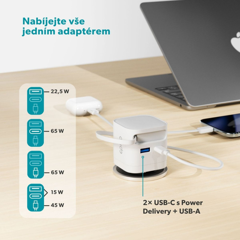 Epico UltraBoost Retractable GaN 65W adaptér EA65c so zabudovaným káblom