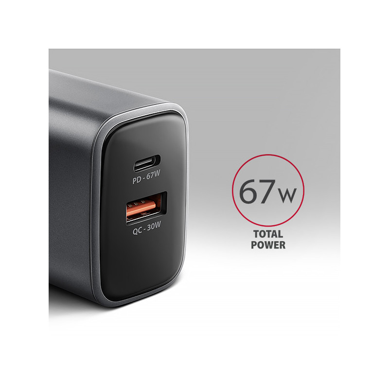 AXAGON ACU-PQ67, GaN nabíjačka do siete 67W, výstup USB-A+USB-C, PD3.0/PPS/QC4+/SFC2.0/Apple