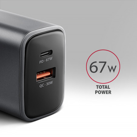 AXAGON ACU-PQ67, GaN nabíjačka do siete 67W, výstup USB-A+USB-C, PD3.0/PPS/QC4+/SFC2.0/Apple