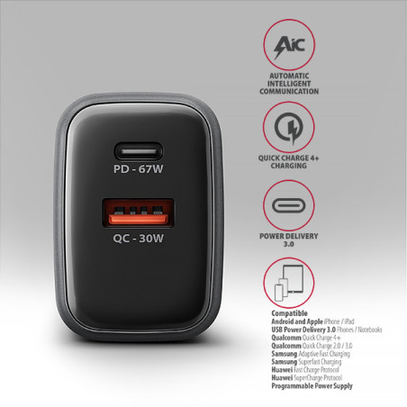 AXAGON ACU-PQ67, GaN nabíjačka do siete 67W, výstup USB-A+USB-C, PD3.0/PPS/QC4+/SFC2.0/Apple