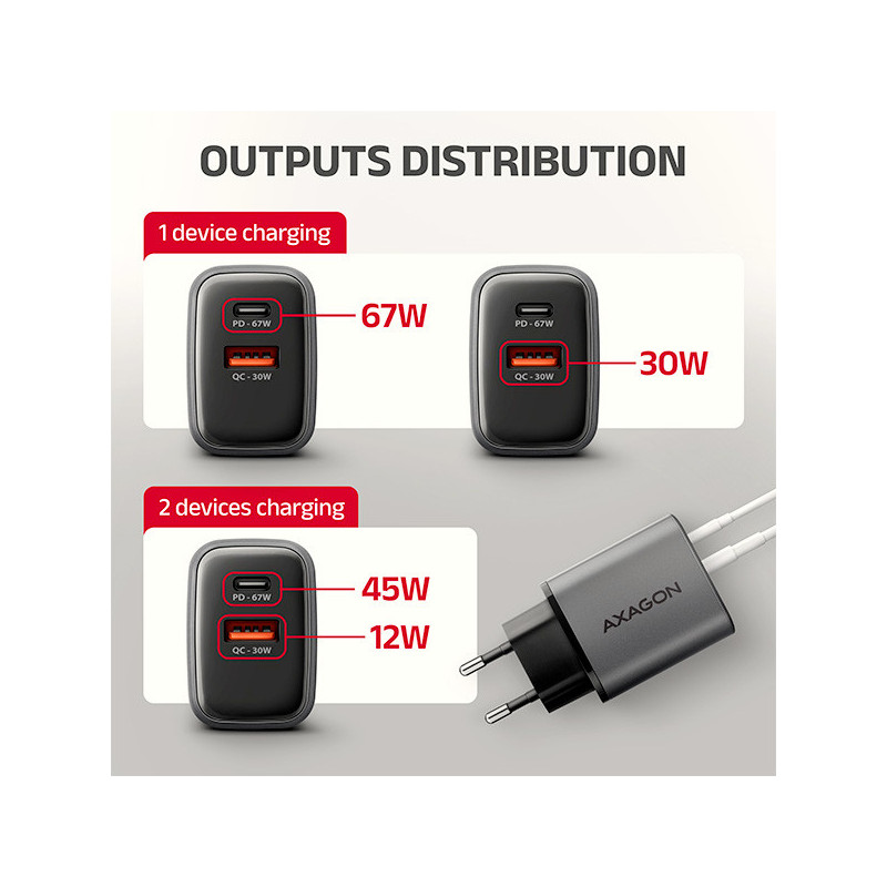 AXAGON ACU-PQ67, GaN nabíjačka do siete 67W, výstup USB-A+USB-C, PD3.0/PPS/QC4+/SFC2.0/Apple