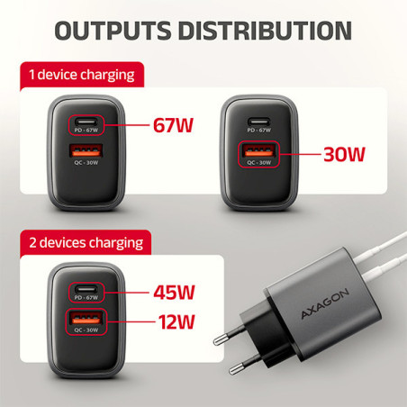 AXAGON ACU-PQ67, GaN nabíjačka do siete 67W, výstup USB-A+USB-C, PD3.0/PPS/QC4+/SFC2.0/Apple