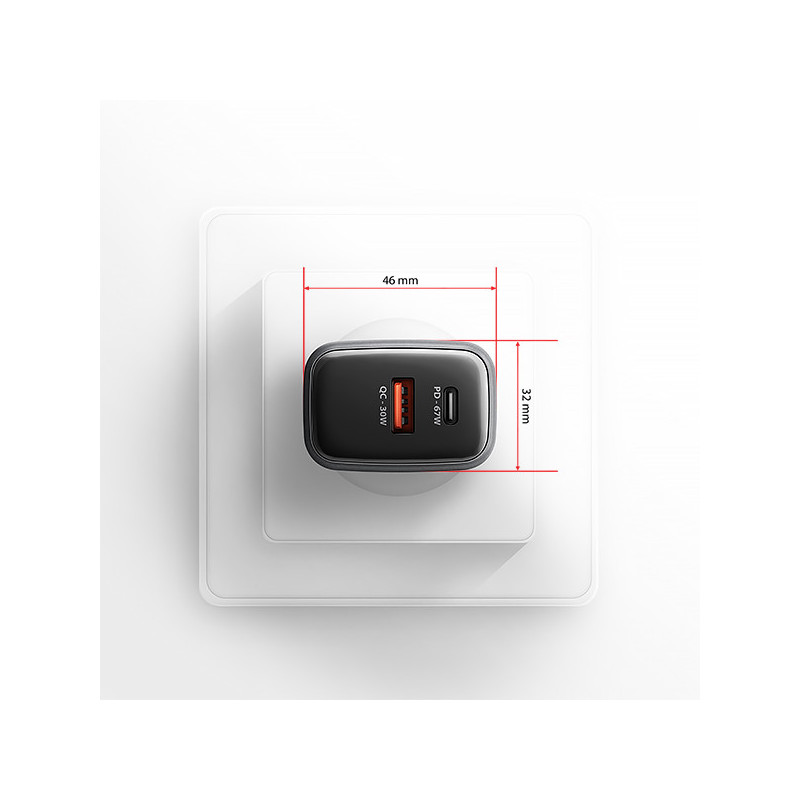 AXAGON ACU-PQ67, GaN nabíjačka do siete 67W, výstup USB-A+USB-C, PD3.0/PPS/QC4+/SFC2.0/Apple