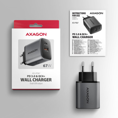 AXAGON ACU-PQ67, GaN nabíjačka do siete 67W, výstup USB-A+USB-C, PD3.0/PPS/QC4+/SFC2.0/Apple