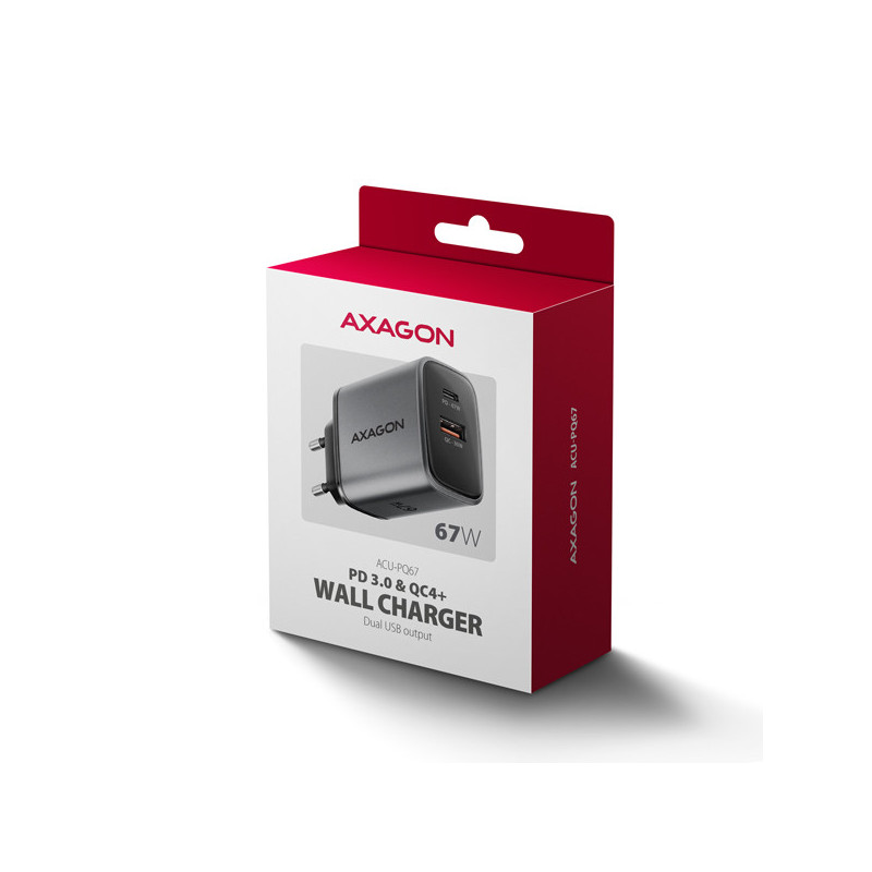 AXAGON ACU-PQ67, GaN nabíjačka do siete 67W, výstup USB-A+USB-C, PD3.0/PPS/QC4+/SFC2.0/Apple