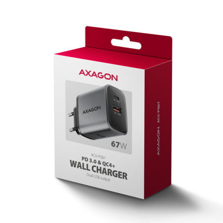 AXAGON ACU-PQ67, GaN nabíjačka do siete 67W, výstup USB-A+USB-C, PD3.0/PPS/QC4+/SFC2.0/Apple