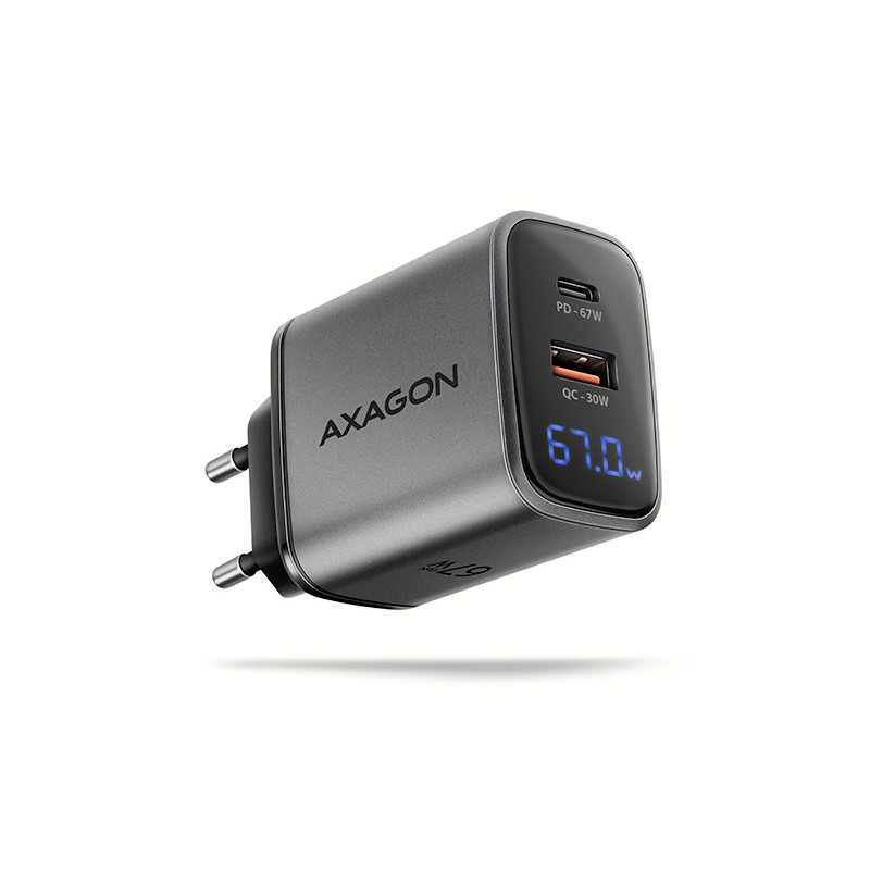 AXAGON ACU-PQ67D, GaN nabíjačka do siete 67W, výstup USB-A+USB-C, PD3.0/PPS/QC4+/SFC2.0/Apple, LCD