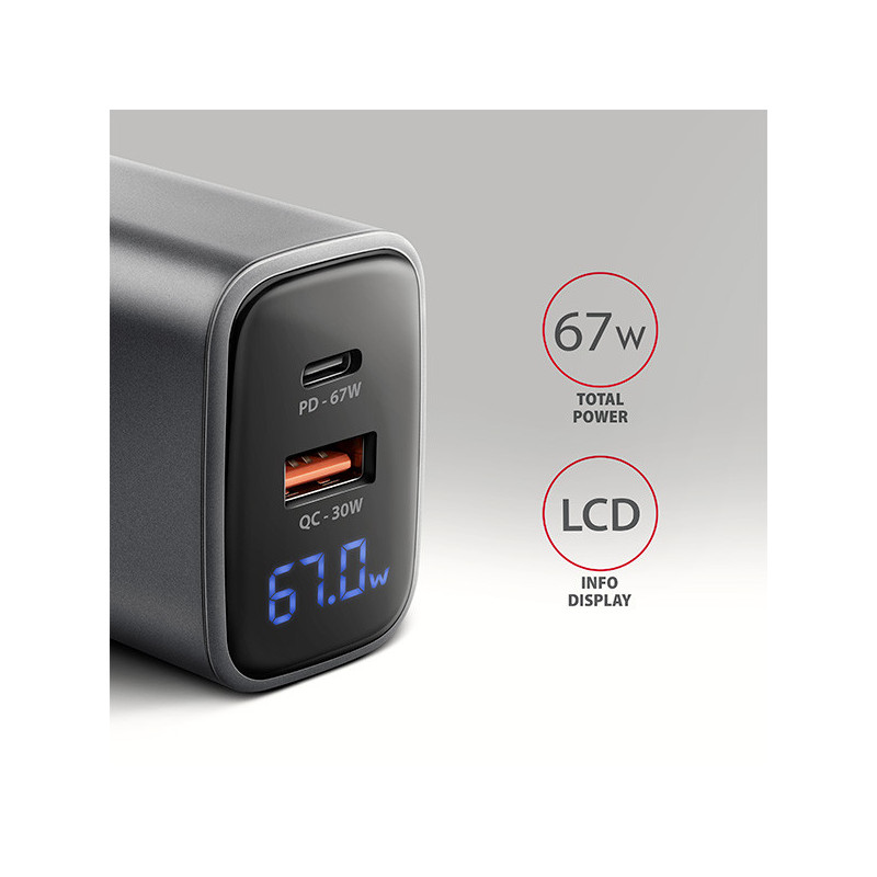 AXAGON ACU-PQ67D, GaN nabíjačka do siete 67W, výstup USB-A+USB-C, PD3.0/PPS/QC4+/SFC2.0/Apple, LCD