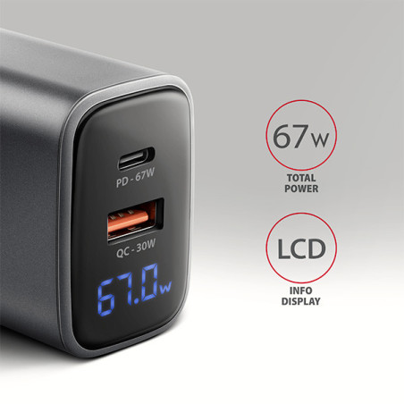 AXAGON ACU-PQ67D, GaN nabíjačka do siete 67W, výstup USB-A+USB-C, PD3.0/PPS/QC4+/SFC2.0/Apple, LCD