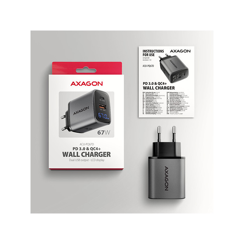 AXAGON ACU-PQ67D, GaN nabíjačka do siete 67W, výstup USB-A+USB-C, PD3.0/PPS/QC4+/SFC2.0/Apple, LCD
