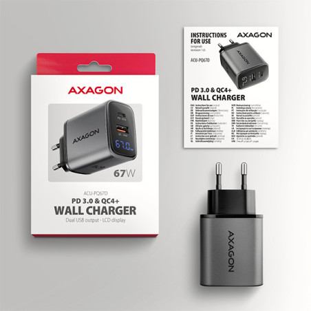 AXAGON ACU-PQ67D, GaN nabíjačka do siete 67W, výstup USB-A+USB-C, PD3.0/PPS/QC4+/SFC2.0/Apple, LCD