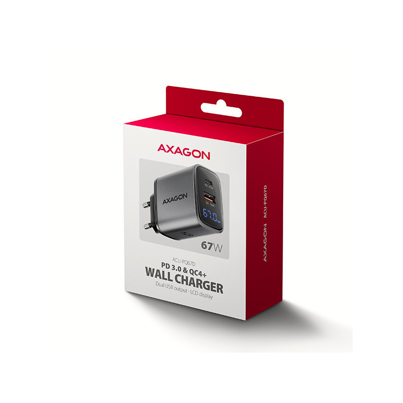 AXAGON ACU-PQ67D, GaN nabíjačka do siete 67W, výstup USB-A+USB-C, PD3.0/PPS/QC4+/SFC2.0/Apple, LCD