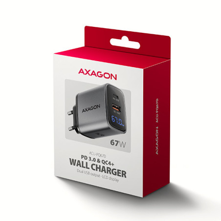 AXAGON ACU-PQ67D, GaN nabíjačka do siete 67W, výstup USB-A+USB-C, PD3.0/PPS/QC4+/SFC2.0/Apple, LCD