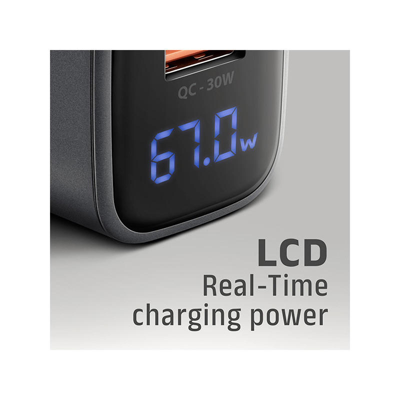 AXAGON ACU-PQ67D, GaN nabíjačka do siete 67W, výstup USB-A+USB-C, PD3.0/PPS/QC4+/SFC2.0/Apple, LCD