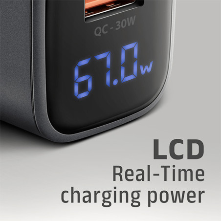 AXAGON ACU-PQ67D, GaN nabíjačka do siete 67W, výstup USB-A+USB-C, PD3.0/PPS/QC4+/SFC2.0/Apple, LCD
