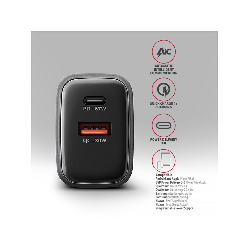 AXAGON ACU-PQ67D, GaN nabíjačka do siete 67W, výstup USB-A+USB-C, PD3.0/PPS/QC4+/SFC2.0/Apple, LCD
