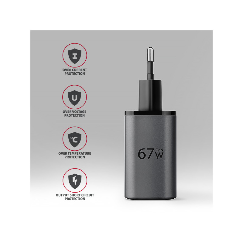 AXAGON ACU-PQ67D, GaN nabíjačka do siete 67W, výstup USB-A+USB-C, PD3.0/PPS/QC4+/SFC2.0/Apple, LCD