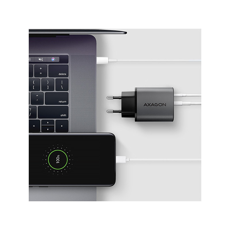 AXAGON ACU-PQ67D, GaN nabíjačka do siete 67W, výstup USB-A+USB-C, PD3.0/PPS/QC4+/SFC2.0/Apple, LCD