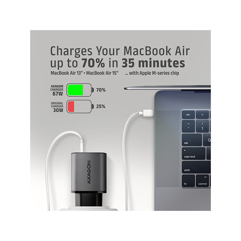 AXAGON ACU-PQ67D, GaN nabíjačka do siete 67W, výstup USB-A+USB-C, PD3.0/PPS/QC4+/SFC2.0/Apple, LCD