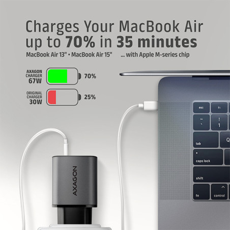 AXAGON ACU-PQ67D, GaN nabíjačka do siete 67W, výstup USB-A+USB-C, PD3.0/PPS/QC4+/SFC2.0/Apple, LCD