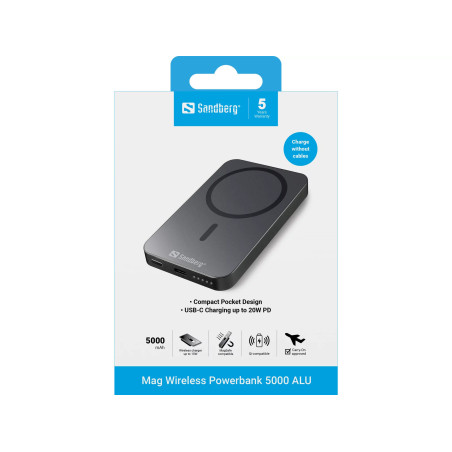 Sandberg Magnet Wireless Powerbank 5000 ALU