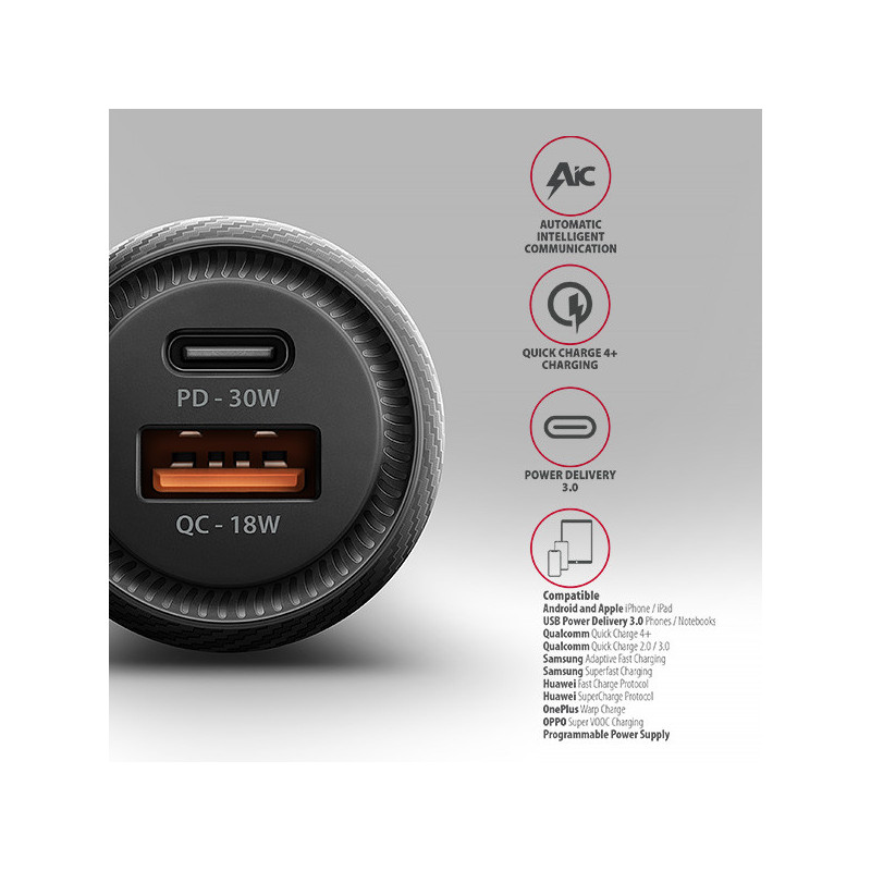 AXAGON PWC-PQ48, nabíjačka do auta 48W, výstup USB-A+USB-C, PD3.0/PPS/QC4+/SFC/Apple