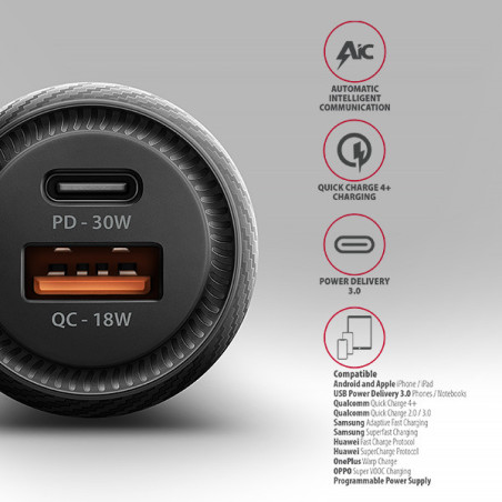 AXAGON PWC-PQ48, nabíjačka do auta 48W, výstup USB-A+USB-C, PD3.0/PPS/QC4+/SFC/Apple