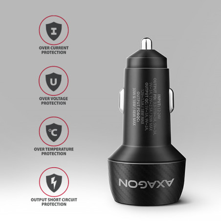AXAGON PWC-PQ48, nabíjačka do auta 48W, výstup USB-A+USB-C, PD3.0/PPS/QC4+/SFC/Apple