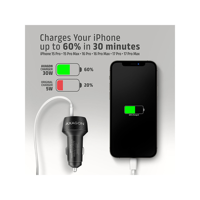 AXAGON PWC-PQ48, nabíjačka do auta 48W, výstup USB-A+USB-C, PD3.0/PPS/QC4+/SFC/Apple