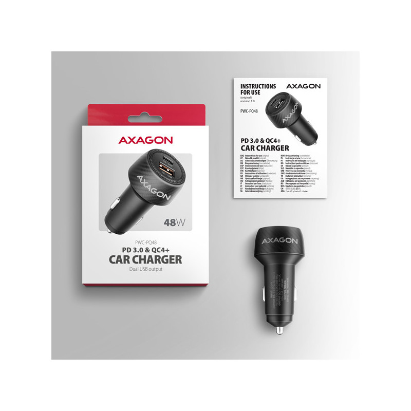 AXAGON PWC-PQ48, nabíjačka do auta 48W, výstup USB-A+USB-C, PD3.0/PPS/QC4+/SFC/Apple