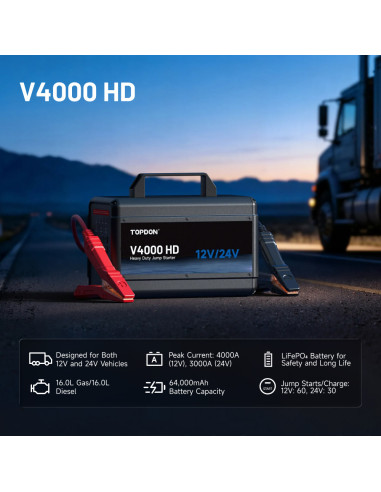 TOPDON Car Jump Starter V4000 HD/3000A (24V)/4000A (12V)/24000mAh/16l benzín/16l diesel/ LED svetlo |