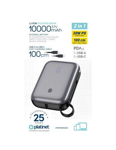 Platinet Powerbanka 10000 mAh 20W Power Delivery, 2xUSB-C, 1xUSB-A, kábel USB-C 1m, čierna
