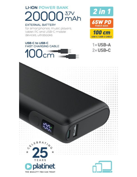 Platinet Powerbanka 20000 mAh 65W Power Delivery, 2x USB-C, 1x USB-A, kábel USB-C 1m, čierna
