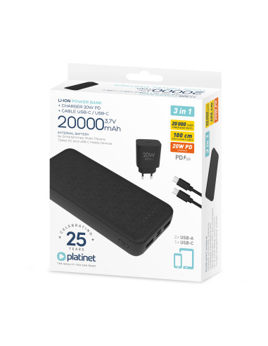 Platinet SET 3v1 Powerbanka 20000 mAh + Nabíjačka 20W Power Delivery, kábel USB-C 1m, čierna