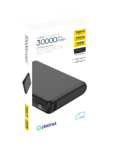Platinet Powerbanka 30000 mAh 100W Power Delivery, 2xUSB-C, 1xUSB-A, čierna