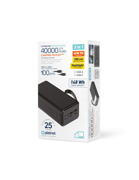 Platinet Powerbanka 40000 mAh 65W Power Delivery, 2xUSB-C, 2xUSB-A, kábel USB-C 1m, čierna