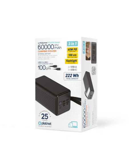 Platinet Powerbanka 60000 mAh 65W Power Delivery, 2xUSB-C, 2xUSB-A, kábel USB-C 1m, čierna