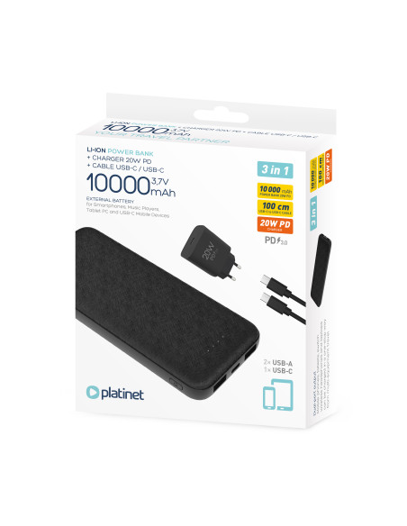 Platinet SET 3v1 Powerbanka 10000 mAh + Nabíjačka 20W Power Delivery, kábel USB-C 1m, čierna