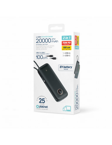 Platinet Powerbanka 20000 mAh 70W Power Delivery, 1xUSB-C, 1xUSB-A, kábel USB-C 1m, čierna