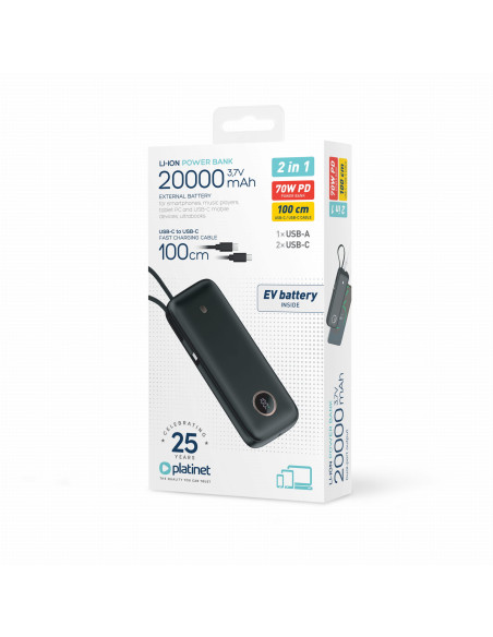 Platinet Powerbanka 20000 mAh 70W Power Delivery, 1xUSB-C, 1xUSB-A, kábel USB-C 1m, čierna