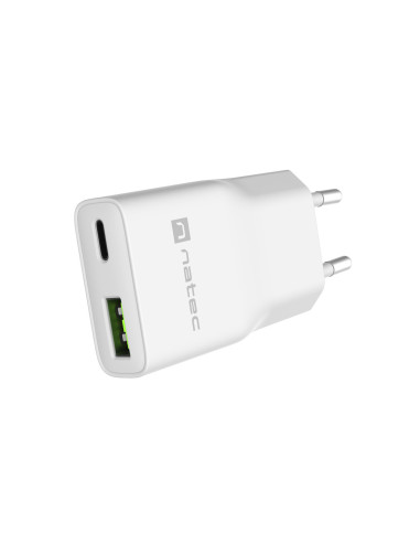 Univerzálna USB nabíjačka Natec RIBERA GaN SLIM, 20 W, 1X USB-A + 1X USB-C, Biela
