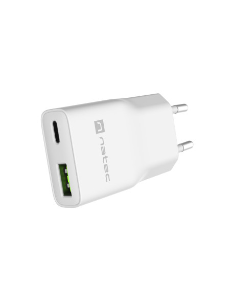 Univerzálna USB nabíjačka Natec RIBERA GaN SLIM, 20 W, 1X USB-A + 1X USB-C, Biela
