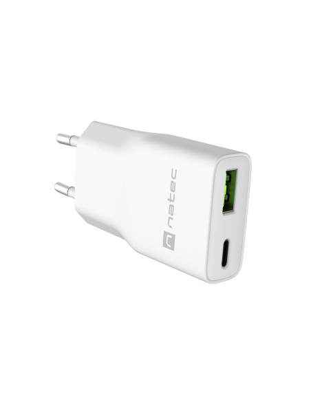 Univerzálna USB nabíjačka Natec RIBERA GaN SLIM, 20 W, 1X USB-A + 1X USB-C, Biela